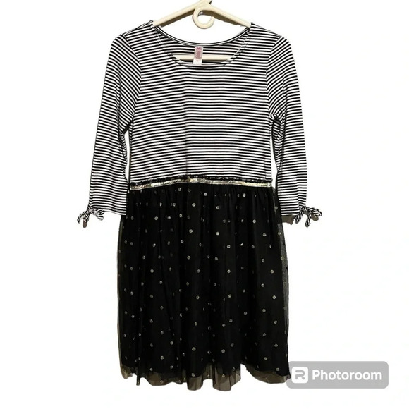 Justice Girls Dress Sz 18 Black White Stripes Tulle Gold Polka Dots Rocker Chic - Picture 1 of 8